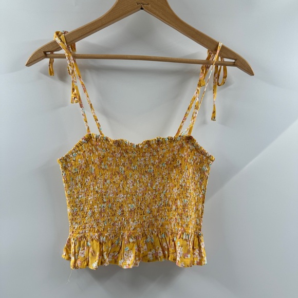 Forever 21 Yellow Floral Smocked Tank Top with Tie Straps & Ruffle Hem - Picture 1 of 6